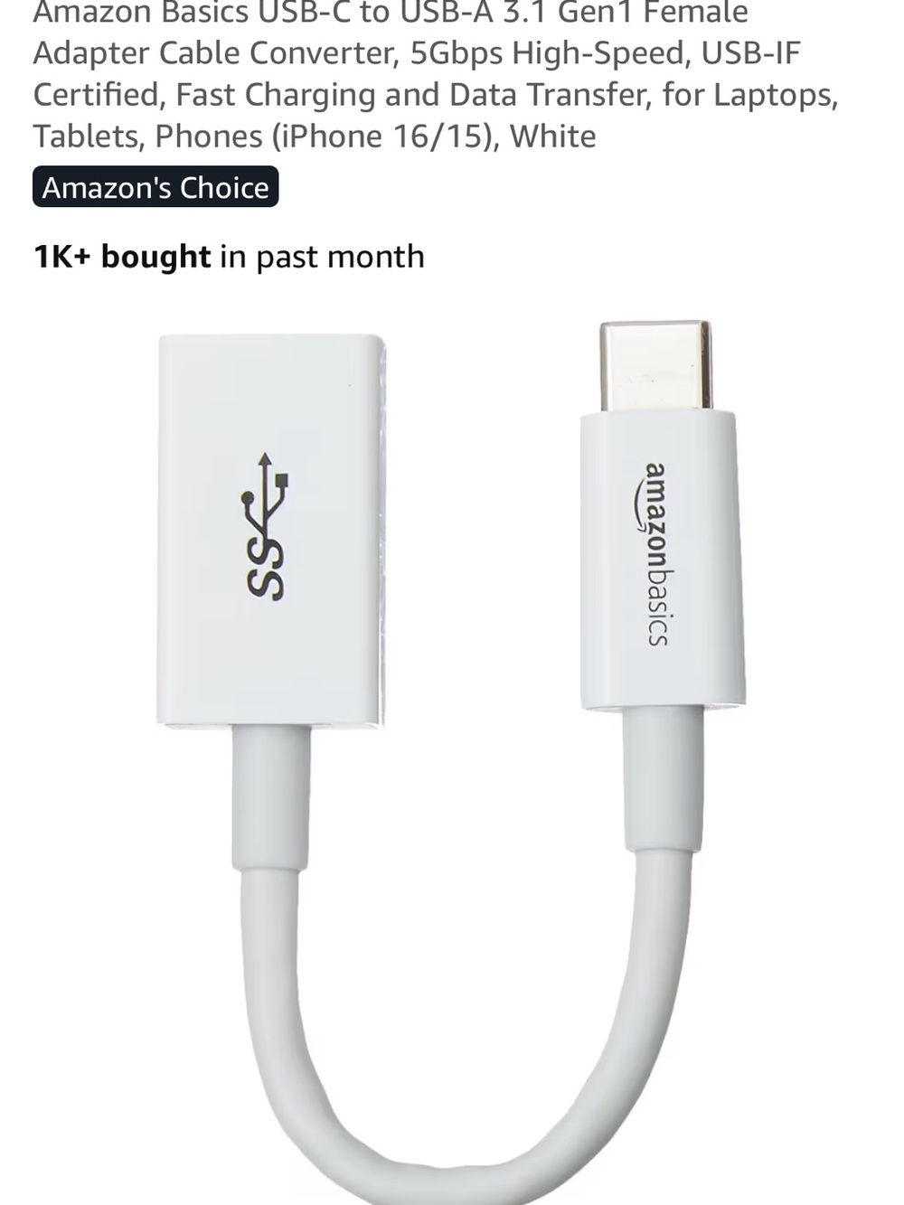 AmazonBasics USB-C to USB-A 3.1 Female Adapter Cable - White